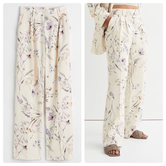 H&M Linen Blend Floral Pants High waist New - Picture 1 of 6